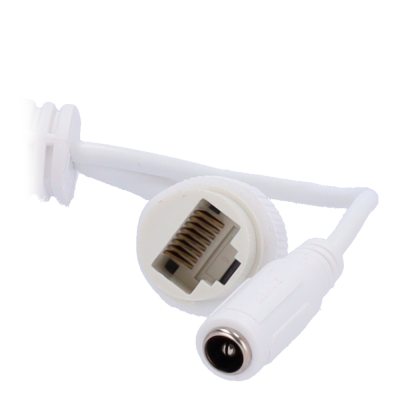 Cabo branco com conector RJ45 e ficha redonda para alimentação