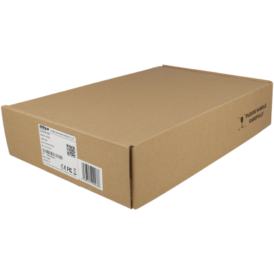 Caixa de cartão castanho com etiqueta e aviso de manuseio