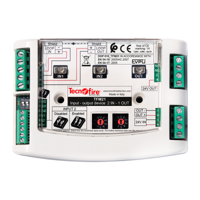 Dispositivo eletrónico branco TecnoFire TFM21 com conexões de entrada e saída