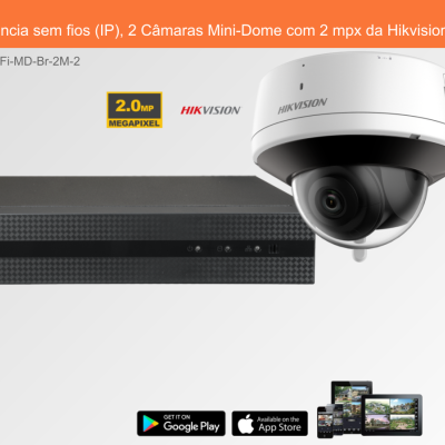 Sistema de videovigilância com gravador preto e câmara mini-dome branca