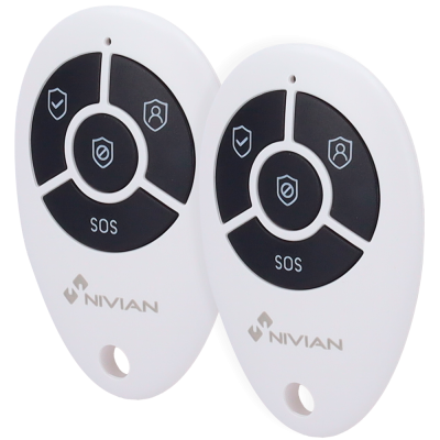 Dois comandos remotos brancos com botões pretos e texto SOS.