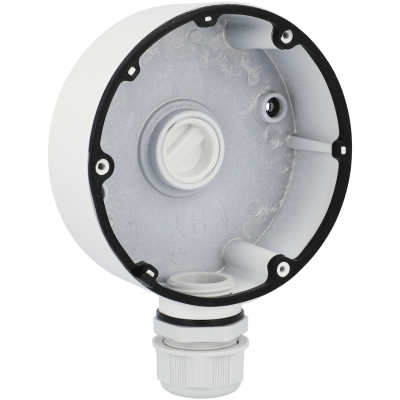 Caixa de acabamento redonda branca para instalação elétrica com interior metálico e acessório central