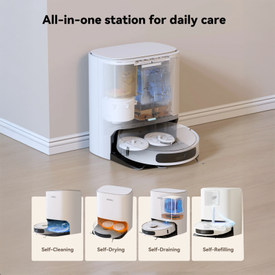 Estação all-in-one branca para aspirador robô com funções de limpeza, secagem, drenagem e reabastecimento
