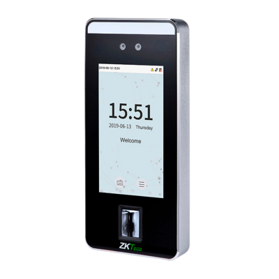 Dispositivo eletrônico retangular preto com ecrã digital e scanner biométrico