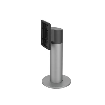 Suporte de mesa em metal prateado com base circular e parte superior preta.