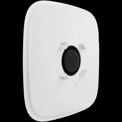 Dispositivo quadrado branco com círculo preto e suportes centrais