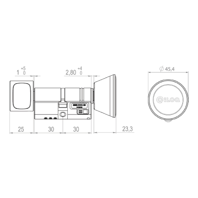 Desenho técnico em preto e branco de um dispositivo cilíndrico com várias medidas e texto iLOQ.