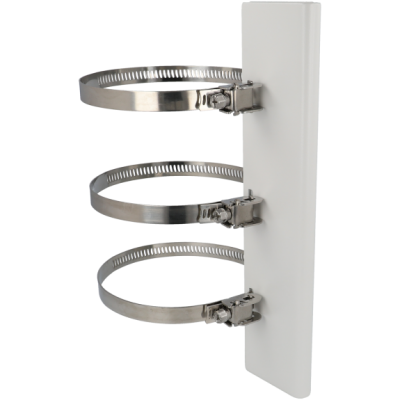 Suporte de parede branco com três abraçadeiras metálicas cromadas ajustáveis