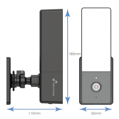 Câmara de vigilância preta com suporte e dimensões indicadas