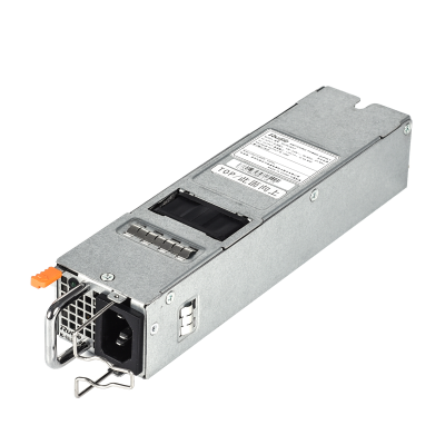 Fonte de alimentação metálica cinza com etiquetas e conector