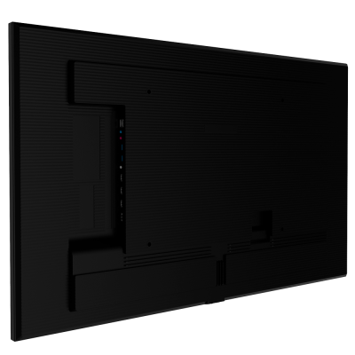 Traseira de televisor preto com várias portas e textura canelada