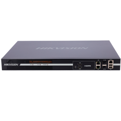 Dispositivo eletrónico preto HIKVISION com várias portas e LEDs no painel frontal.