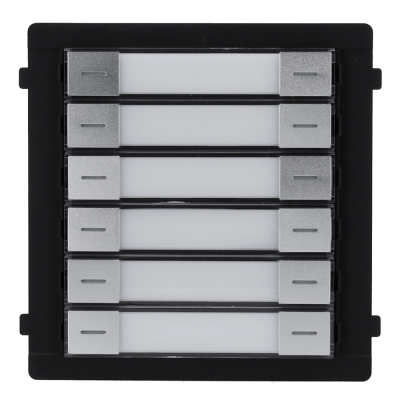 Módulo de seis interruptores horizontais em plástico preto com abas brancas e prateadas