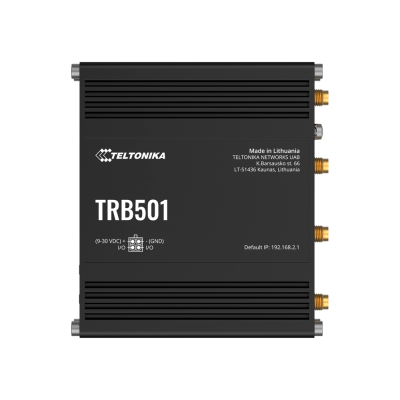 Dispositivo preto Teltonika TRB501 com quatro conectores dourados