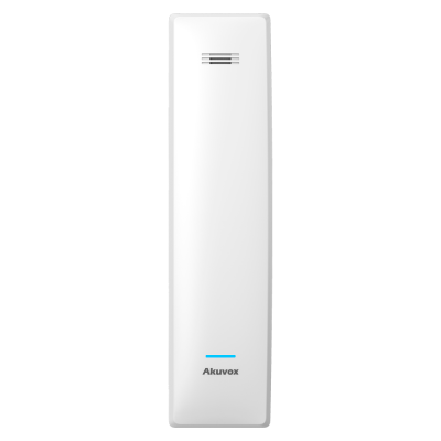 Intercomunicador branco Akuvox com entrada para som e logótipo na parte inferior