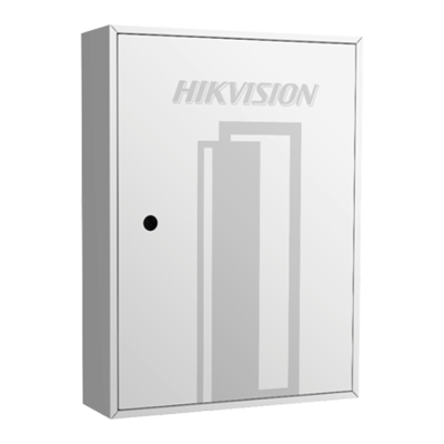 Armário metálico cinza claro com porta e fechadura preta com texto HIKVISION