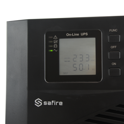 Unidade UPS preta Safire com ecrã digital e botões FUNC OFF ON