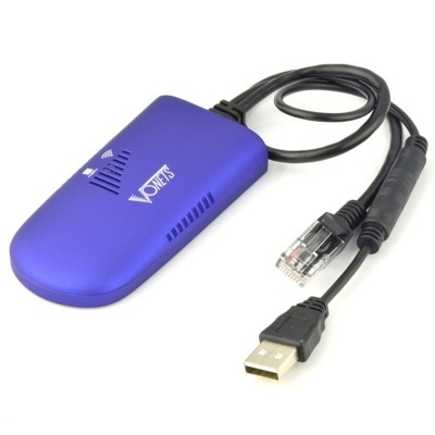 Adaptador USB azul com cabo e conectores USB e RJ45.