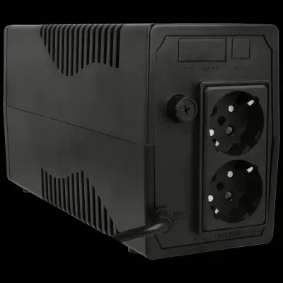 Estabilizador de tensão preto com duas tomadas tipo Schuko e fusível