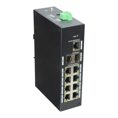 Comutador Ethernet industrial preto com oito portas RJ45 e duas portas SFP