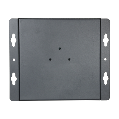 Suporte metálico cinza com orifícios e recortes para montagem