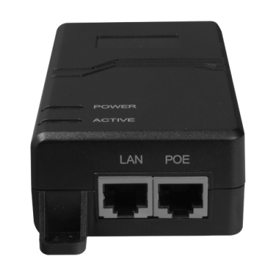 Adaptador de rede preto com portas LAN e POE e rótulos POWER e ACTIVE
