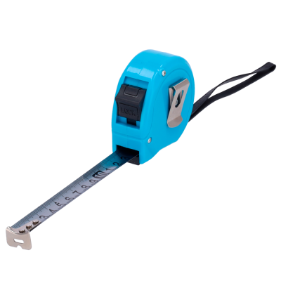 Trena azul com fita métrica de metal e botão preto LOCK