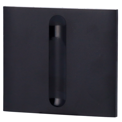 Caixa preta retangular com fecho redondo transparente no centro