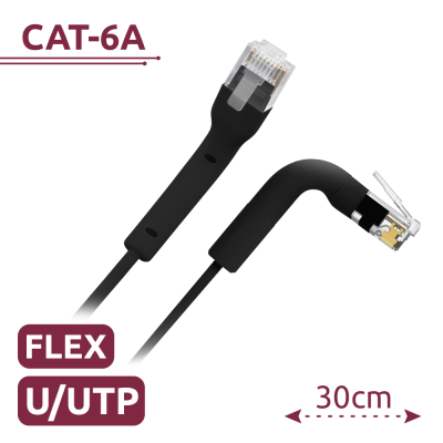 Cabo de rede preto CAT-6A FLEX U/UTP de 30 cm com conectores RJ45