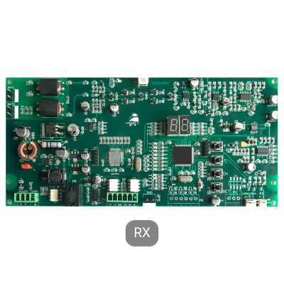 Placa eletrónica verde com componentes e etiquetas visíveis como EASLOCK e RX