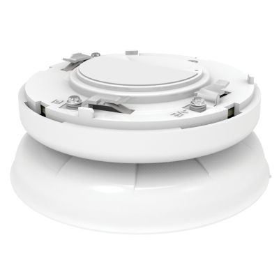 Detector de fumo branco em plástico com design circular e elementos metálicos