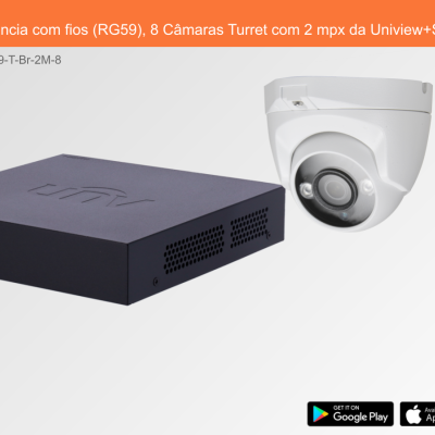 Sistema de Videovigilância com 8 câmaras Turret brancas e dispositivo preto
