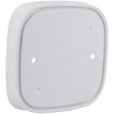 Caixa elétrica quadrada branca com cantos arredondados e orifícios para fixação