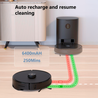 Robô aspirador preto com estação de carregamento numa sala.