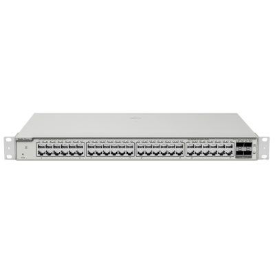 Switch de rede DGS-1210-52 com 48 portas RJ45 e 4 portas SFP num dispositivo metálico cinzento