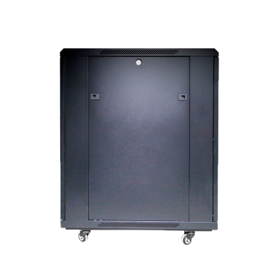 Armário metálico preto com portas centrais e rodas