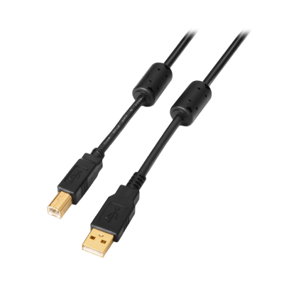 Cabo USB preto com conectores dourados tipo A e tipo B