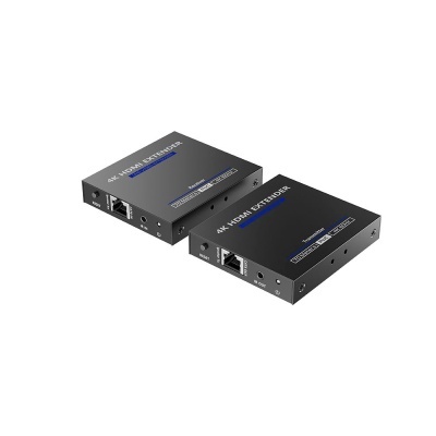 Dois dispositivos pretos 4K HDMI Extender com texto branco e azul e entradas RJ45, botões RESET.