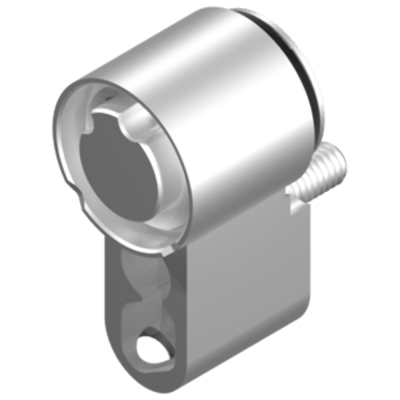 Suporte metálico prateado cilíndrico com parafuso e base com furo