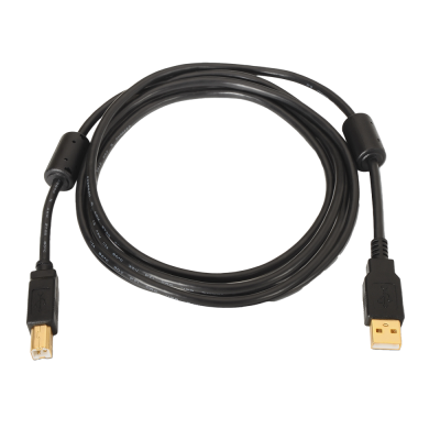 Cabo USB preto com conectores dourados USB-A e USB-B