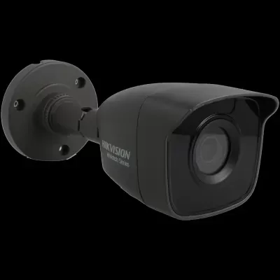 Câmara de segurança preta HIKVISION HiWatch Series com suporte de fixação.