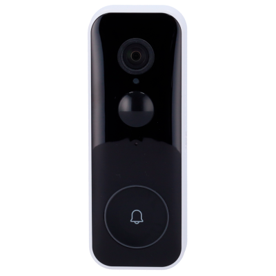 Campainha inteligente preta e branca com câmara e botão de toque