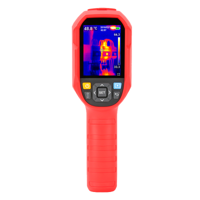 Termómetro infravermelho vermelho com ecrã digital colorido mostrando imagem térmica.