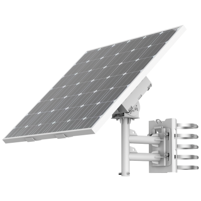 Painel solar cinza com estrutura branca e suporte metálico