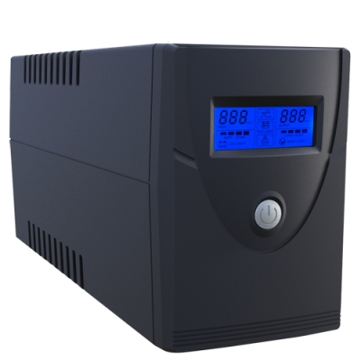 Unidade de fornecimento de energia ininterrupta preta com ecrã azul e botão prateado