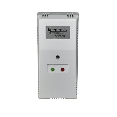 Detetor de gás branco com luzes indicadoras verde e vermelha