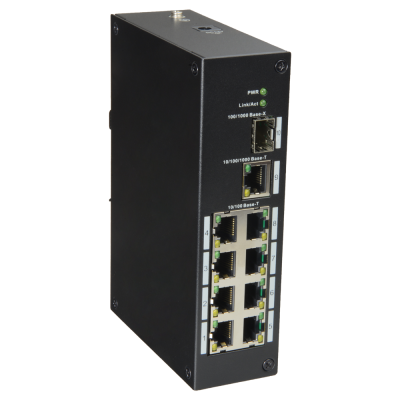 Switch de rede preto com oito portas Ethernet e indicadores LED verdes