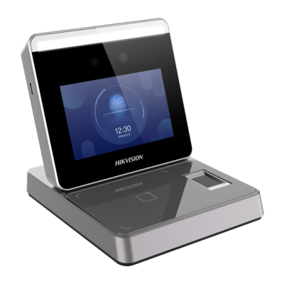 Dispositivo cinza e preto HIKVISION com ecrã digital e sensor biométrico