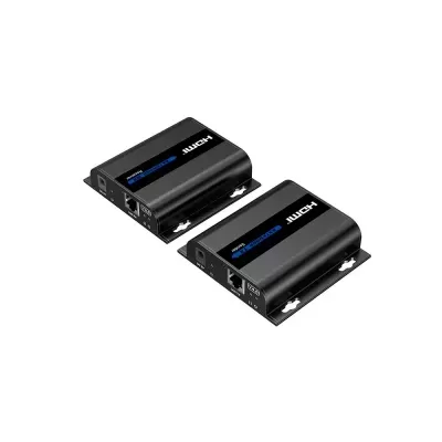Conjunto de transmissores/extensores HDMI pretos com etiquetas azuis e brancas