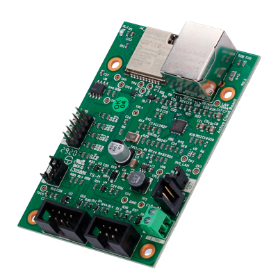 Placa eletrónica verde com conectores metálicos e componentes eletrónicos